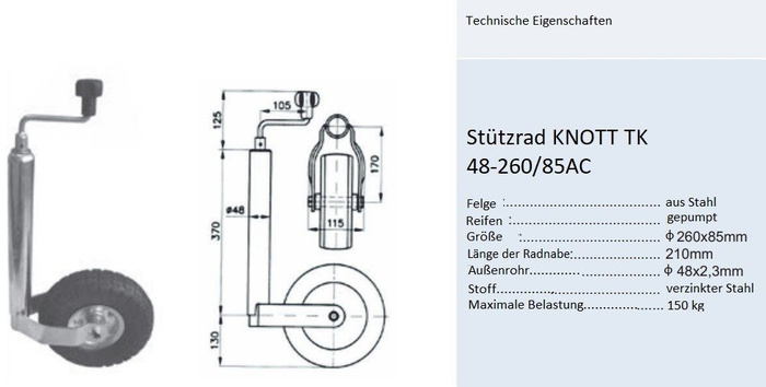 KNOTT TK48 atbalsta ritenis, pneimatiskais ritenis, 150 kg, 48 mm, 500–720 mm