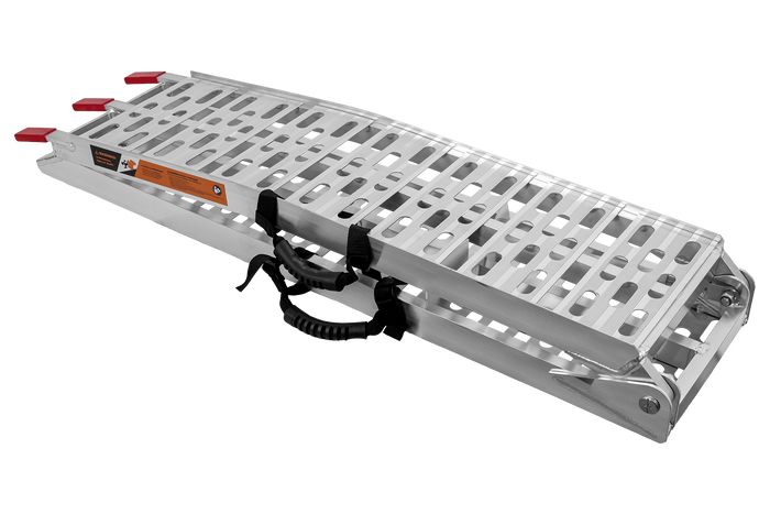 UNITRAILER ALR003 salokāmas rampas alumīnija rampas piekabēm 221 cm 680 kg ar jostu un atbalstu, 2 gabalu komplekts