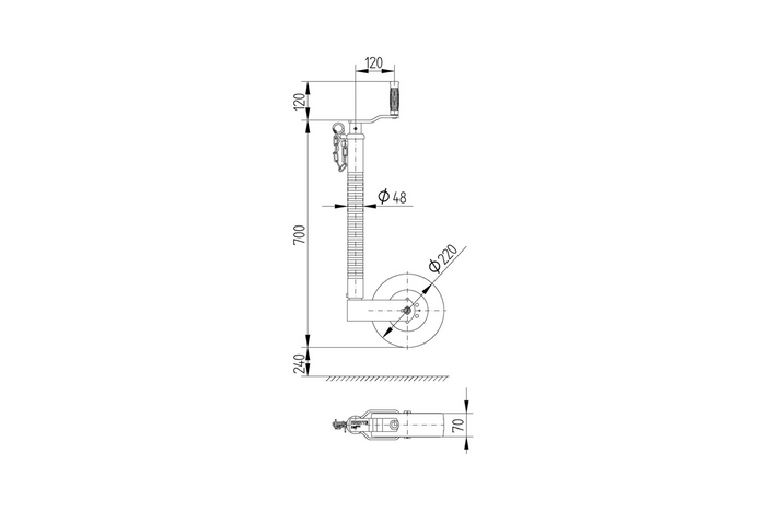 Опорное колесо с зажимом, чугунный зажим KNOTT TK48+B48C6, гофрированная труба, 300 кг, 48 мм, 700-940 мм