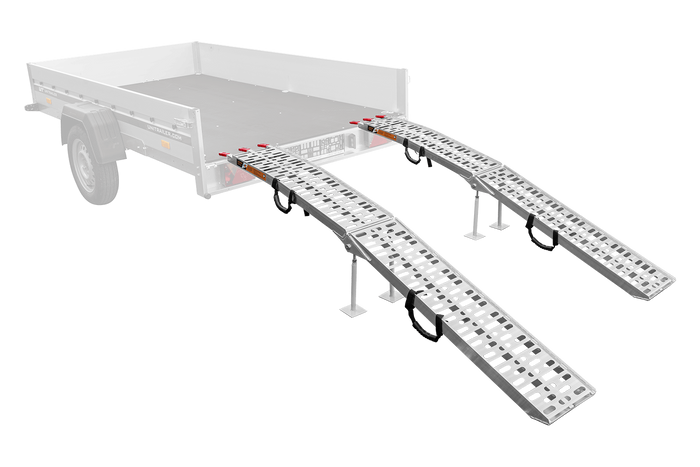 UNITRAILER ALR003 salokāmas rampas alumīnija rampas piekabēm 221 cm 680 kg ar jostu un atbalstu, 2 gabalu komplekts